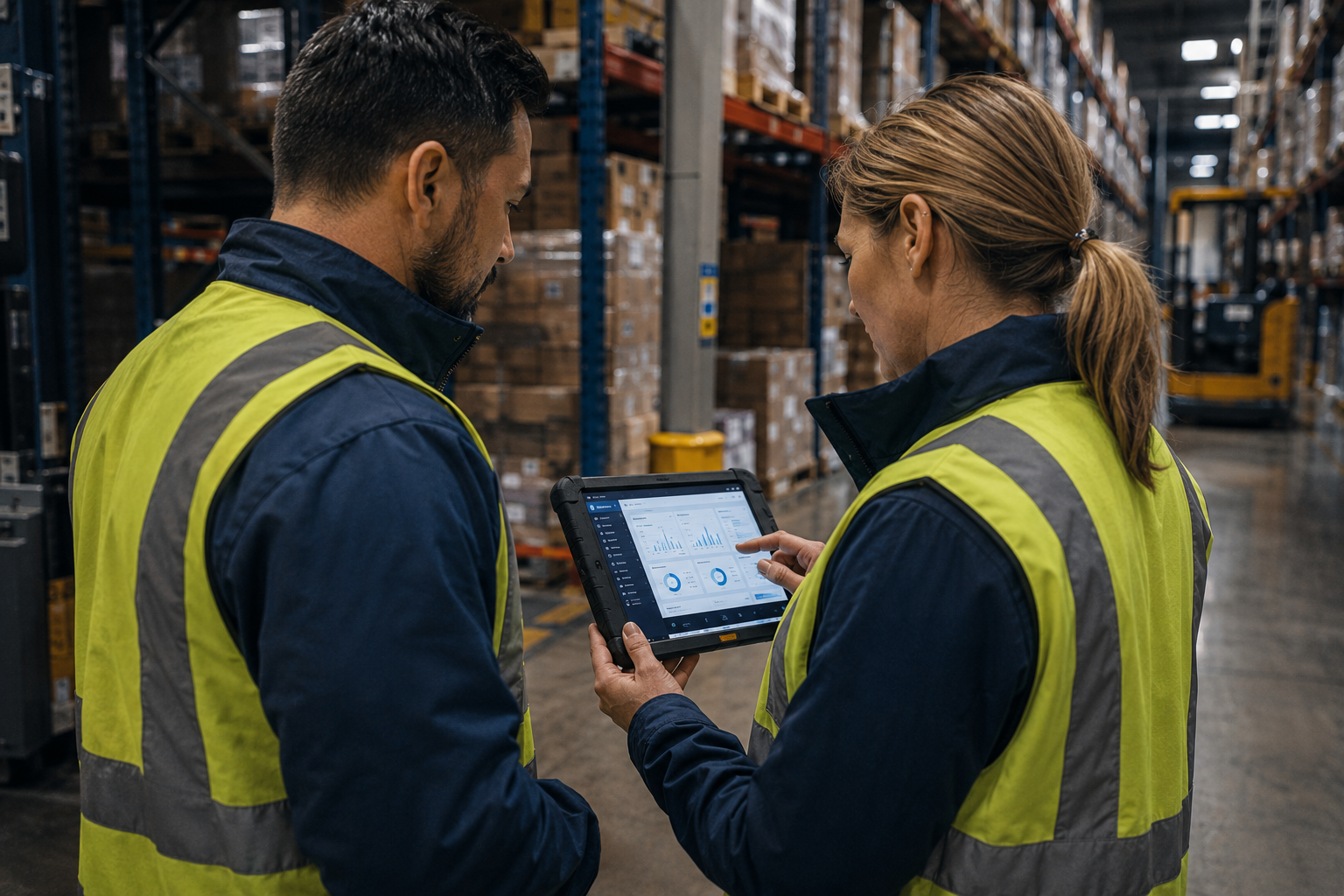 Equipo de operación revisando datos en tablet en bodega